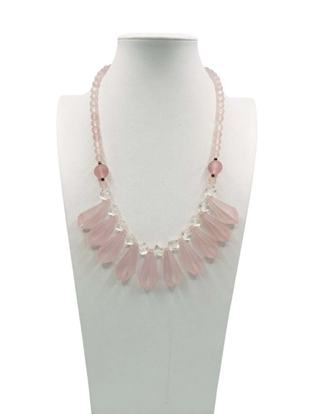 Vintage Pink Beaded Statement Necklace Faceted Drop Fringe Clear Beads 24”